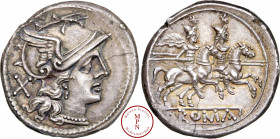 Anonyme, Denier, 189-180 avant J.-C., Av. Tête casquée à droite de Rome, derrière un X, Rv. Les Dioscures au galop à droite, dans un cartouche à l'exe...