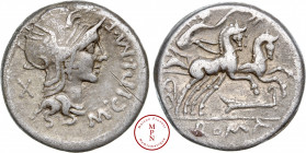 Cipia, Marcus Cipius Marci Filius, Denier, -115-114 avant J.-C., Av. M. CIPI. M. F, Tête casquée de Rome à droite, derrière un X, Rv. ROMA, Bige galop...
