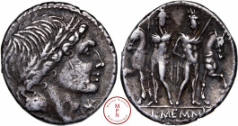 Memmia, Lucius Memmius, Denier, -109-108 avant J.-C., Av. Tête masculine (apollon?) à droite, coiffé d'une couronne de chêne, une étoile devant la têt...