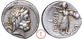 Procilia, L.Procilius , Denier, -80 avant J.-C., Rome, Av. Tête laurée de Jupiter à droite, derrière SC, Rv. L. PROCILI. F, Junon Sospita à droite dan...
