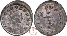 Carus (282-283), Aurelianus, 283, Ticinum, Av. IMP CARVS P F AVG, Buste radié et cuirassé à droite, Rv. SPES PVBLICQ / SXXI, L'Espérance (SPES), march...