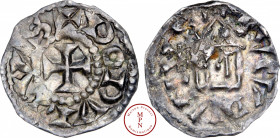 Lyon, Rodolphe III (993-1032), Obole, Av. +RODVLFVS, Croix, Rv. LVCVDVNVS, Temple, Argent, TTB+, 0.7 g, 14 mm, Bd.1124 – PA.5018 var..