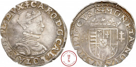 Duché de Lorraine, Charles III (1545-1608), Quart de teston, Nancy, Av. CARO. D. G. CAL. LOTAR. B: GEL. DVX, Buste couronné et cuirassé à droite, Rv. ...