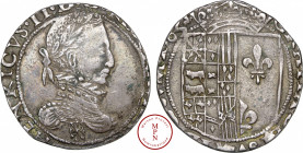Navarre-Béarn, Henri III de Navarre, II de Béarn (1572-1589), Franc, 1583, Saint-Palais, Av. HENRICVS II . D . G . REX . NAVARRE, Buste lauré et cuira...