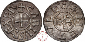 Charlemagne (768-814) ou Charles II (840-877), Denier, Melle, Av. + CARLVS REX FR, Croix, Rv. + METVLLO, Monogramme carolin, Argent, SUP, 1.6 g, 20 mm...