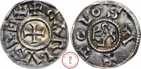 Charles II le Chauve (840-877), Denier, 864-875, Toulouse, Av. + CARLVS REX, Croix, Rv. TOLOSA, Monogramme carolin, Argent, SUP, 1.53 g, 20.5 mm, Prou...