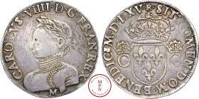 Charles IX (1560-1574), Teston, 2e type, 1565, M, Toulouse, Av. CAROLVS. VIII. D. G. FRAN. REX., Buste lauré et cuirassé à gauche, Rv. Armes de France...