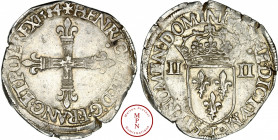 Henri III (1574-1589), Quart d'écu, 1584, T, Nantes, Av. .SIT.NOMEN.DOMINI.BENEDICTVM. Écu de France couronnée, accosté de deux II. Rv. +HENRICVS.III....