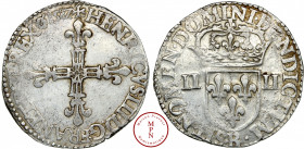 Henri III (1574-1589), Quart d'écu, 1587, B, Rouen, Av. .SIT.NOMEN.DOMINI.BENDICTVM. Écu de France couronnée, accosté de deux II. Rv. +HENRICVS.III.D:...