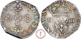Charles X, Roi de la Ligue (1523-1590), Quart d'écu, 1596, 99, Dinan, Av. + CAROLVS. X. D: G. FRANC. REX 1596, Croix fleurdelisée, Rv. SIT. NOMEN. DOM...