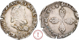 Henri IV (1589-1610), Demi-Franc, type de Montpellier, 1604, N, Montpellier, Av. +. HENRICVS. IIII. D. G. FRANC. ET. NAVA. REX., Buste lauré et cuiras...