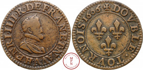 Henri IV (1589-1610), Double tournois, 2e type de Paris 1606, A, Moulin des Étuves, Av. .HENRI. IIII. R. DE. FRAN. ET. NAV. A, Buste lauré, drapé et c...