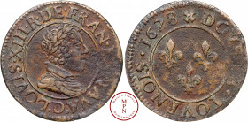 Louis XIII (1610-1643), Double tournois, 6e type de Lyon, 1628, D, Lyon, Av. LOVIS. XIII. R. DE. FRAN. ET. NAVA. D., Buste lauré, drapé et cuirassé à ...