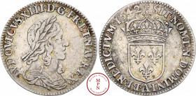 Louis XIII (1610-1643), 1/12 d'écu, 2e poinçon de Warin, 1642, rose et étoile, A, Paris, Av. LVDOVICVS. XIII. D. G. FR. ET. NAV. REX (étoile), Buste l...