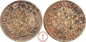 Louis XIII (1610-1643), Double tournois, type de Warin, 1643, A, Corbeil, Av. LVD. XIII. D. G. FR. ET. NAV. REX., Tête laurée à gauche, Rv. A. DOVBLE....