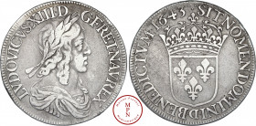 Louis XIII (1610-1643), Fauté, Écu, 3e type, 2e poinçon de Warin, 1643, D, Lyon, Av. LVDOVICVS. XIII. D. G. FR. ET. NAV. REX., Buste lauré, drapé et c...