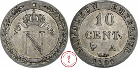 Napoléon Ier (1804-1815), 10 cent, 1808, A, Paris, Av. N sous une couronne impériale, le tout dans une couronne de laurier se terminant par une étoile...