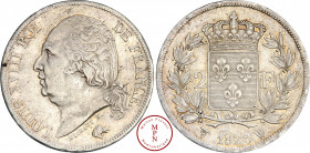 Louis XVIII (1815-1824), 2 Francs, 1823, W, Lille, Av. LOUIS XVIII ROI DE FRANCE, Tête nue à gauche, Rv. Armes de France couronnées dans une couronne ...