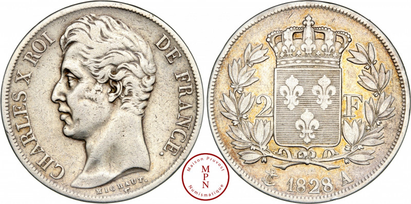 Charles X (1824-1830), 2 Francs, 1828, A, Paris, Av. CHARLES X ROI DE FRANCE, Tê...