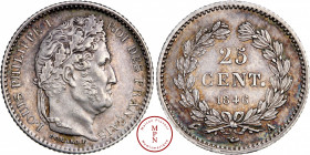 Louis-Philippe (1830-1848), 25 cent, 1846, A, Paris, Av. LOUIS PHILIPPE I ROI DES FRANCAIS, Tête laurée à droite, Rv. 25 CENT dans une couronne, 1.748...