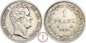 Louis-Philippe (1830-1848), Franc, 1831, B, Rouen, Av. LOUIS PHILIPPE I ROI DES FRANCAIS, Tête laurée à droite, Rv. 1 FRANC dans une couronne, 399.420...