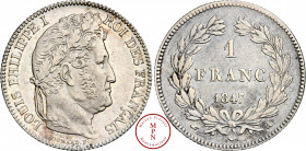 Louis-Philippe (1830-1848), Franc, 1847, A, Paris, Av. LOUIS PHILIPPE I ROI DES FRANCAIS, Tête laurée à droite, Rv. 1 FRANC dans une couronne, 2.299.8...