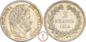 Louis-Philippe (1830-1848), 2 Francs 1834, T, Nantes, Av. LOUIS PHILIPPE I ROI DES FRANCAIS, Tête laurée à droite, Rv. 2 FRANCS dans une couronne, 104...