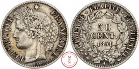 Deuxième République (1848-1852), 50 cent, 1851, A, Paris, Av. REPUBLIQUE FRANCAISE, Tête à gauche, Rv. LIBERTE . EGALITE . FRATERNITE, dans une couron...