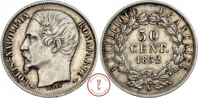 Deuxième République (1848-1852), Louis-Napoléon Bonaparte, 50 cent, 1852, A, Paris, Av. LOUIS-NAPOLEON BONAPARTE, Tête nue à gauche, Rv. REPUBLIQUE FR...