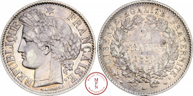 Deuxième République (1848-1852), 2 Francs, 1851, A, Paris, Av. REPUBLIQUE FRANCAISE, Tête à gauche, Rv. LIBERTE . EGALITE . FRATERNITE, dans une couro...