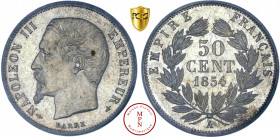 Napoléon III (1852-1870), 50 centimes, 1854, A, Paris, Av. NAPOLEON III EMPEREUR, Tête nue à gauche, Rv. EMPIRE FRANCAIS / 50 CENT 1854 dans une couro...