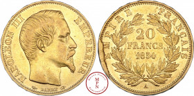 Napoléon III (1852-1870), Fautée, Coin cassé, 20 Francs or, 1854, A, Paris, Av. NAPOLEON III EMPEREUR, Tête nue à droite, Rv. EMPIRE FRANCAIS / 20 FRA...