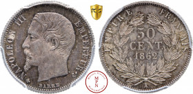 Napoléon III (1852-1870), 50 centimes, 1862, A, Paris, Av. NAPOLEON EMPEREUR, Tête nue à gauche, Rv. EMPIRE FRANCAIS / 50 CENT, Couronne de laurier, 1...