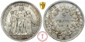 Troisième République (1870-1940), 5 Francs Hercule, 1873, A, Paris, Av. LIBERTE EGALITE FRATERNITE, Hercule entouré de la Liberté et de la Justice, Rv...