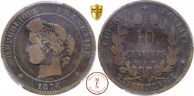 Troisième République (1870-1940), 10 centimes, 1876, K, Bordeaux, Av. REPUBLIQUE FRANCAISE, Tête de Cérès à gauche, Rv. LIBERTE EGALITE FRATERNITE / 1...