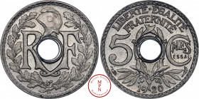 Troisième République (1870-1940), Essai piéfort, 5 centimes Lindauer, 1920, Paris, Av. RF sous un bonnet phrygien entouré d'une couronne de chêne, Rv....