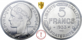 Troisième République (1870-1940), Essai du Concours, 5 Francs Morlon, 1933 (Paris) Av. REPVBLIQVE FRANCAISE, Buste à gauche, Rv. LIBERTE EGALITE FRATE...