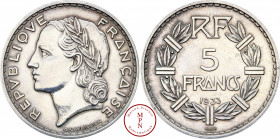 Troisième République (1870-1940), Essai du Concours, 5 Francs Lavrillier, 1933 (Paris) Av. REPVBLIQVE FRANCAISE, Tête à gauche, Rv. FR / 5 / FRANCS / ...