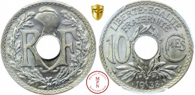 Troisième République (1870-1940), 10 centimes Lindauer, .1938., Av. RF sous un bonnet phrygien entouré d'une couronne de chêne, Rv, LIBERTE . EGALITE ...