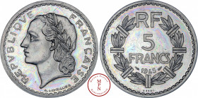 Gouvernement Provisoire (1944-1947), Essai, 5 francs Lavrillier, 1945, Paris, Av. REPUBLIQUE FRANCAISE, Tête laurée à droite, Rv. RF / 5 / FRANCS / 19...