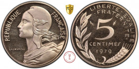 Cinquième République (1958-), Piefort, 5 Centimes, 1979, Pessac, Av. REPUBLIQUE FRANCAISE, Buste de Marianne à gauche, Rv. LIBERTE EGALITE FRATERNITE ...