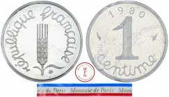 Cinquième République (1958-), Piéfort, 1 centime Epi, 1980, Pessac, Av. REPUBLIQUE FRANCAISE, Épi de blé, Rv. 1980 / 1 / centime, 570 ex., Argent, FDC...