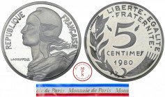 Cinquième République (1958-), Piéfort, 5 Centimes Lagriffoul, 1980, Pessac, Av. REPUBLIQUE FRANCAISE, Buste de Marianne à gauche, Rv. LIBERTE EGALITE ...