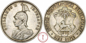 Afrique de l'Est, Guillaume II, Rupie, 1901, Berlin, Av. GUILELMUS II IMPERATOR, Buste casqué et cuirassé à gauche, casque dont le cimier est un aigle...