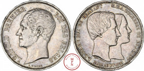 Léopold Ier (1831-1865), Mariage du Duc de Brabant et de l'Archiduchesse Marie-Hendrika, 5 Francs, 1853 Av. LEOPOLD PREMIER ROI DES BELGES, Tête à gau...