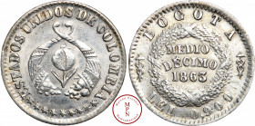 États-Unis de Colombie (1863-1886), ½ Décimo, 1863, Bogota, Av. ESTADOS UNIDOS DE COLOMBIA, Deux cornes d'abondance, Rv. BOGOTA / LEI 0.900 / MEDIO DE...