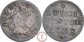 Gênes, 5 Soldi, 1793, Gênes, Av. DUX . ET . G . R. GEN, Vierge à l'enfant, Rv. * SOLDI CINQUE 1793 *, Billon, TTB, 3.77 g, 22 mm, KM 252.