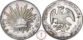 Mexique, 8 Reales, 1883, Mexico, Av. REPUBLICA MEXICANA, Aigle sur un cactus, Rv. LIBERTAD, Bonnet rayonnant, Argent, SUP, 27,2 g, 40 mm, KM 377.