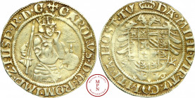 Nijmegen, Charles V d'Espagne (1543-1555), Florin Karolus, Av. + CAROLVS . D . G . ROM . IMP . Z . HISP . R . D . G , Charles Quint de trois quart de ...