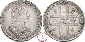 Pierre Ier (1682-1725), Rouble, 1723, Moscou, Av. Légende en cyrillique, Buste lauré, drapé et cuirassé à droite, Rv. Légende en cyrillique, Croix for...